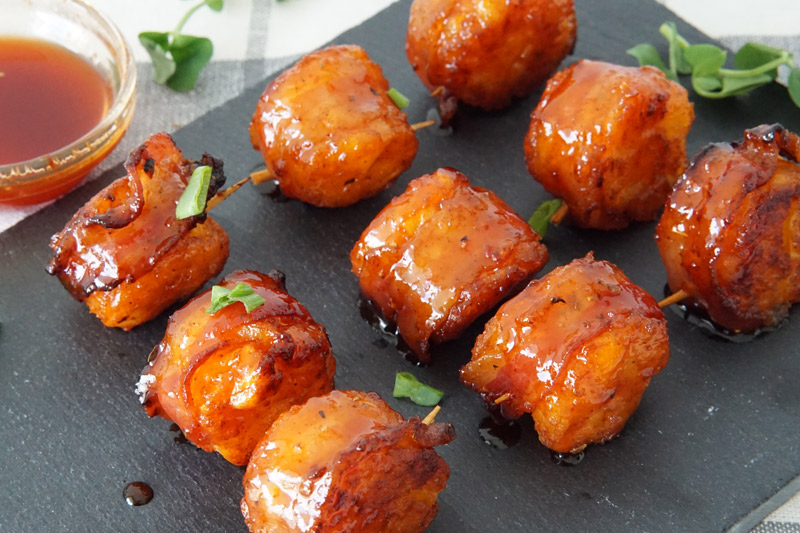 Bacon-Wrapped Tater Tots with Spicy Maple Glaze