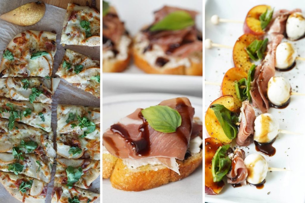 pear prosciutto flatbread, prosciutto crostini, and peach and prosciutto skewers