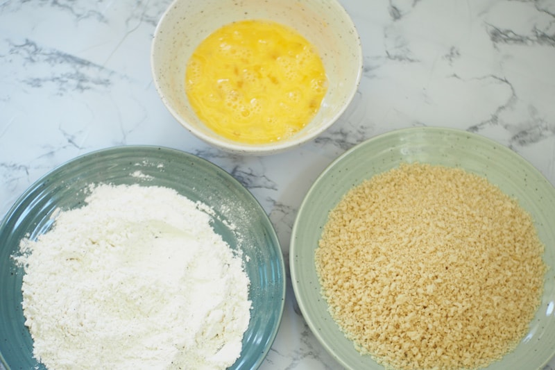 egg mixture, flour, and breading for shrimp