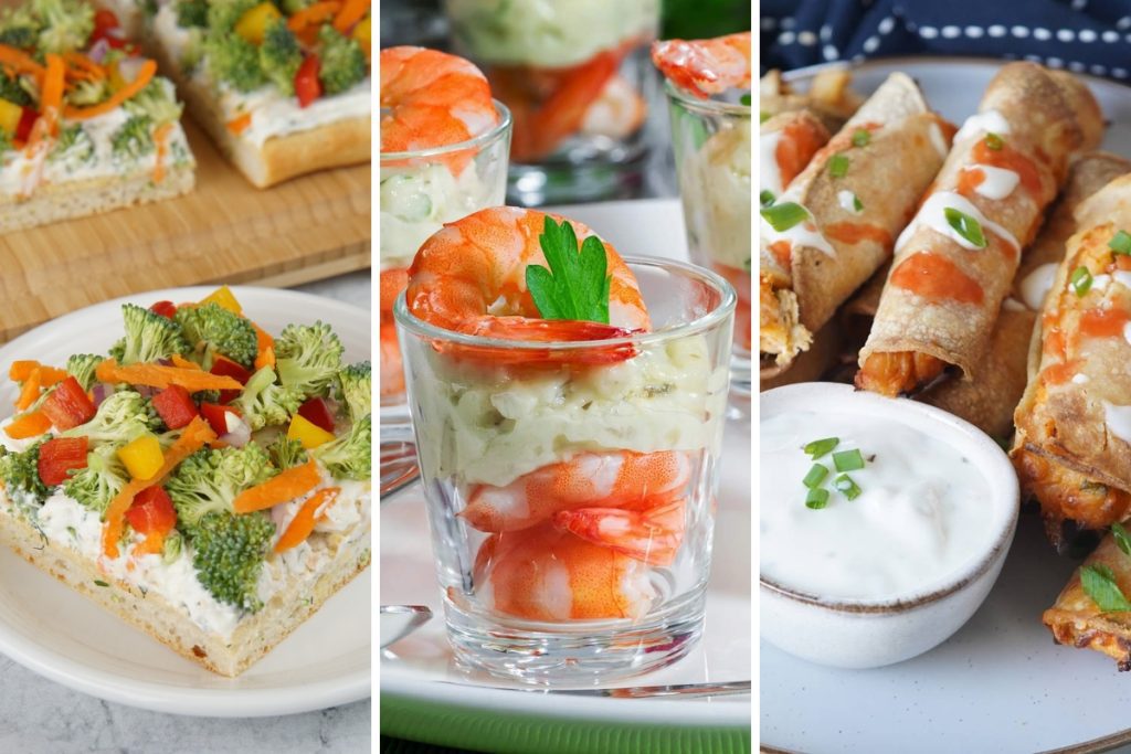 veggie pizza, shrimp herb shots, and chicken buffalo taquitos