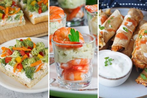 veggie pizza, shrimp herb shots, and chicken buffalo taquitos