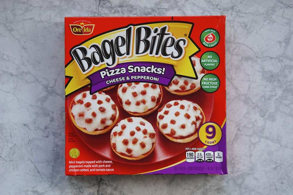 frozen bagel bites in a box.