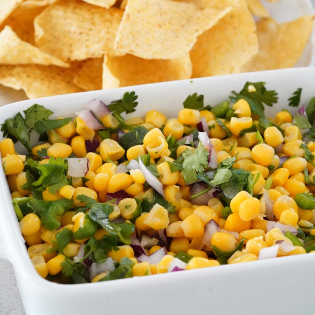 A bowl of roasted poblano chili corn salsa