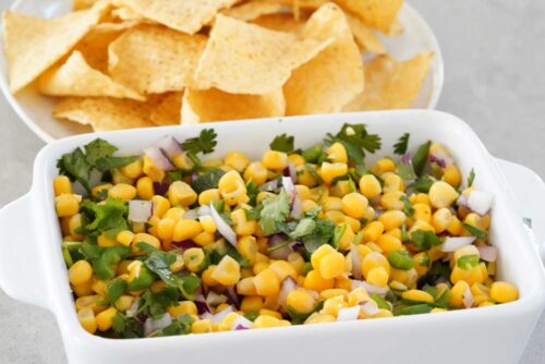 A bowl of roasted poblano chili corn salsa