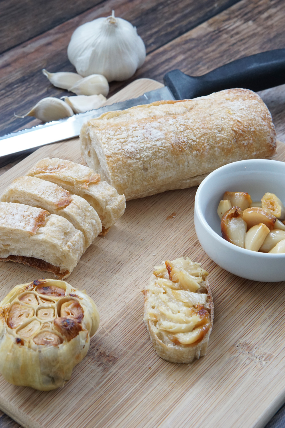 Roasted garlic on baguette