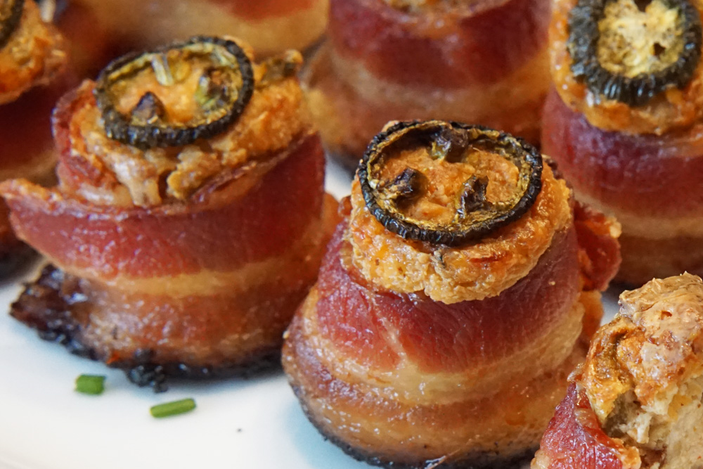 Bacon wrapped sausage with cream cheese filling