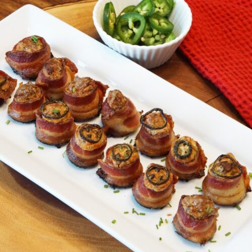 Bacon wrapped sausage with cream cheese filling