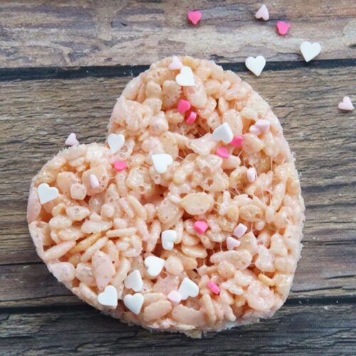 Pink rice krispies treats cut out in heart shapes