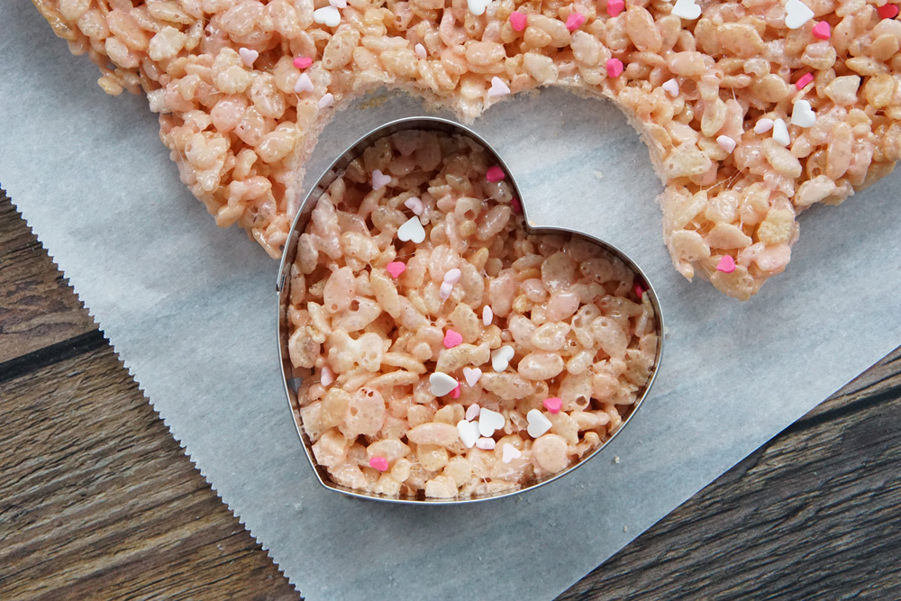 Pink rice krispies treats cut out in heart shapes