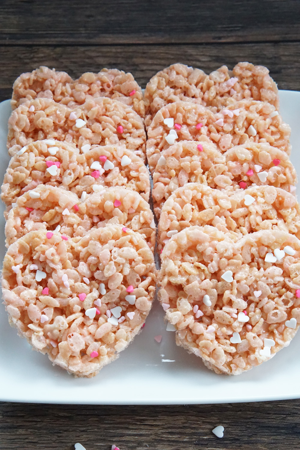 Pink rice krispies treats cut out in heart shapes