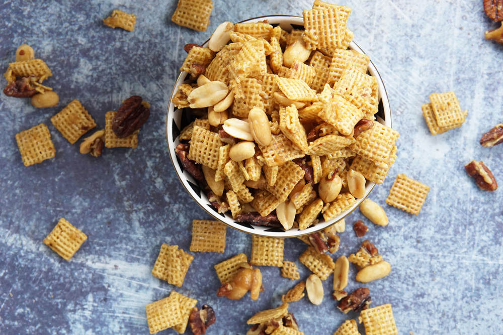 A bowl of sweet and salty Chex mix.
