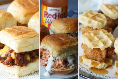 Sloppy joe sliders, buffalo chicken sliders, and chicken and waffle sliders