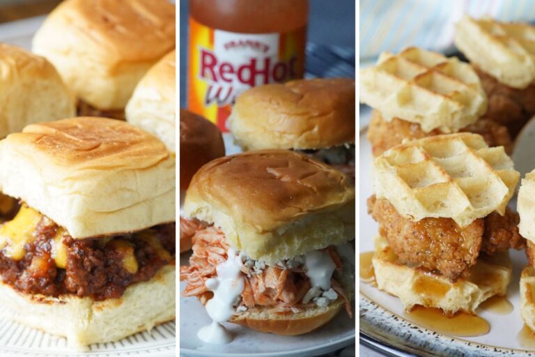 Sloppy joe sliders, buffalo chicken sliders, and chicken and waffle sliders
