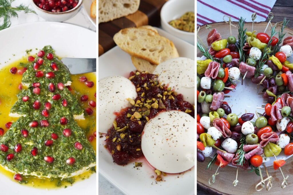 herb goat cheese Christmas tree appetizer, burrata with cranberries and pistachios, and holiday antipasto wreath.