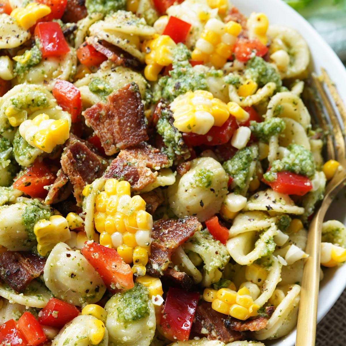 pesto corn pasta salad with bacon