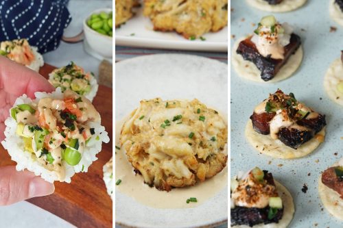 sushi cups, crab cakes, and pork belly crackers