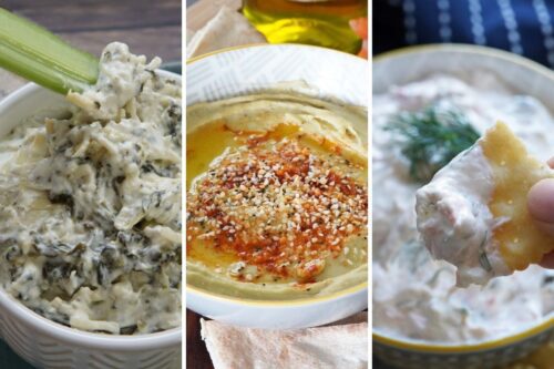 spinach artichoke dip, everything bagel hummus, and smoked salmon dip