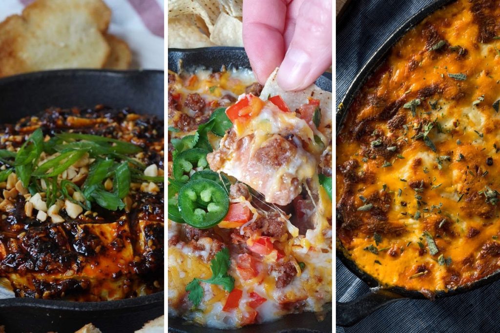 Chili crunch brie, hot taco dip, and pizza dip