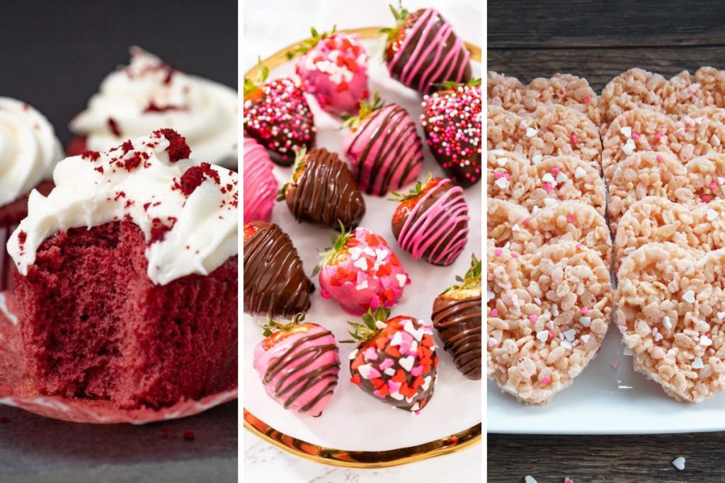 Bailey's red velvet cupcakes, chocolate dipped strawberries, and pink rice krispies treats
