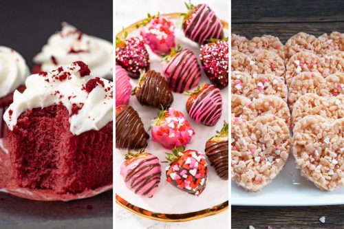 Bailey's red velvet cupcakes, chocolate dipped strawberries, and pink rice krispies treats