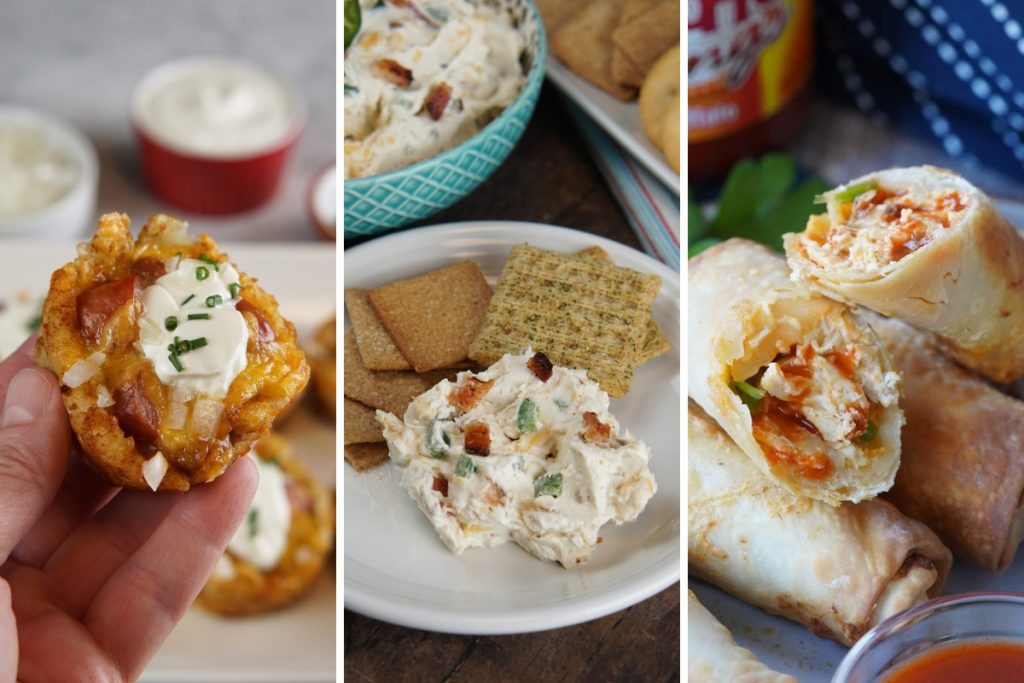 chili cheese tater tots, jalapeno dip, and buffalo chicken eggrolls