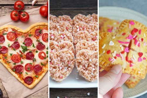 heart shaped pizza, pink rice krispies treats, and heart hand pies