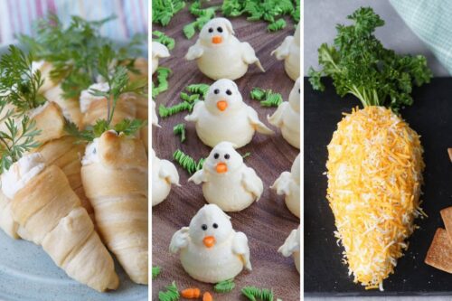 Crescent roll carrots, meringue chicks, and carrot cheese ball
