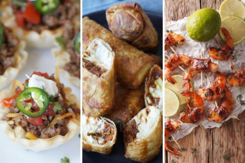 Taco cups, pulled pork eggrolls, and bacon wrapped shrimp