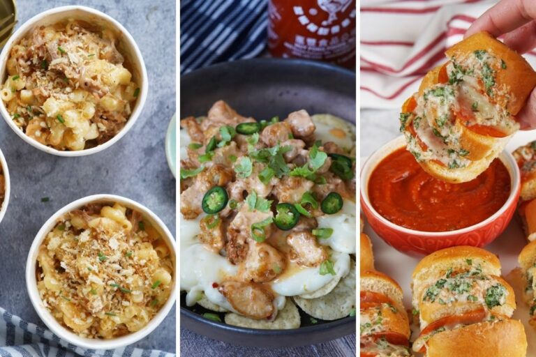 pulled pork mac and cheese, bang bang chicken nachos, and pepperoni pizza bites