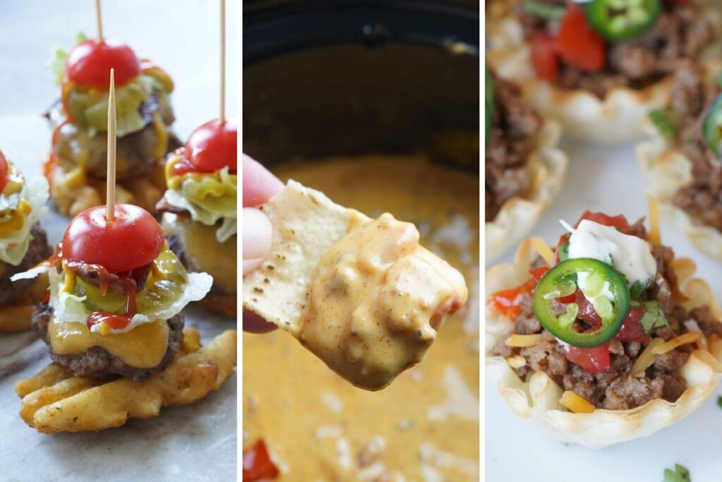 mini burger bites, rotel dip, and taco cups