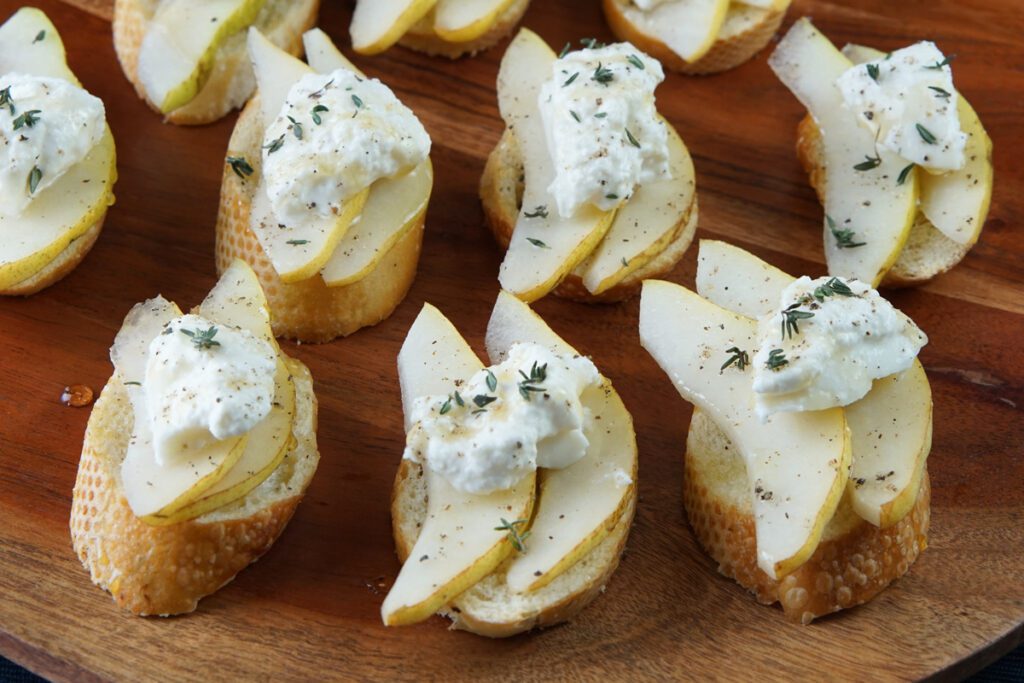 Pear and burrata crostini