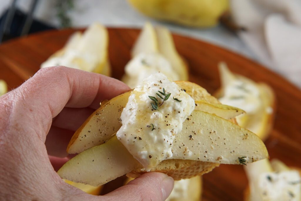 Pear and burrata crostini