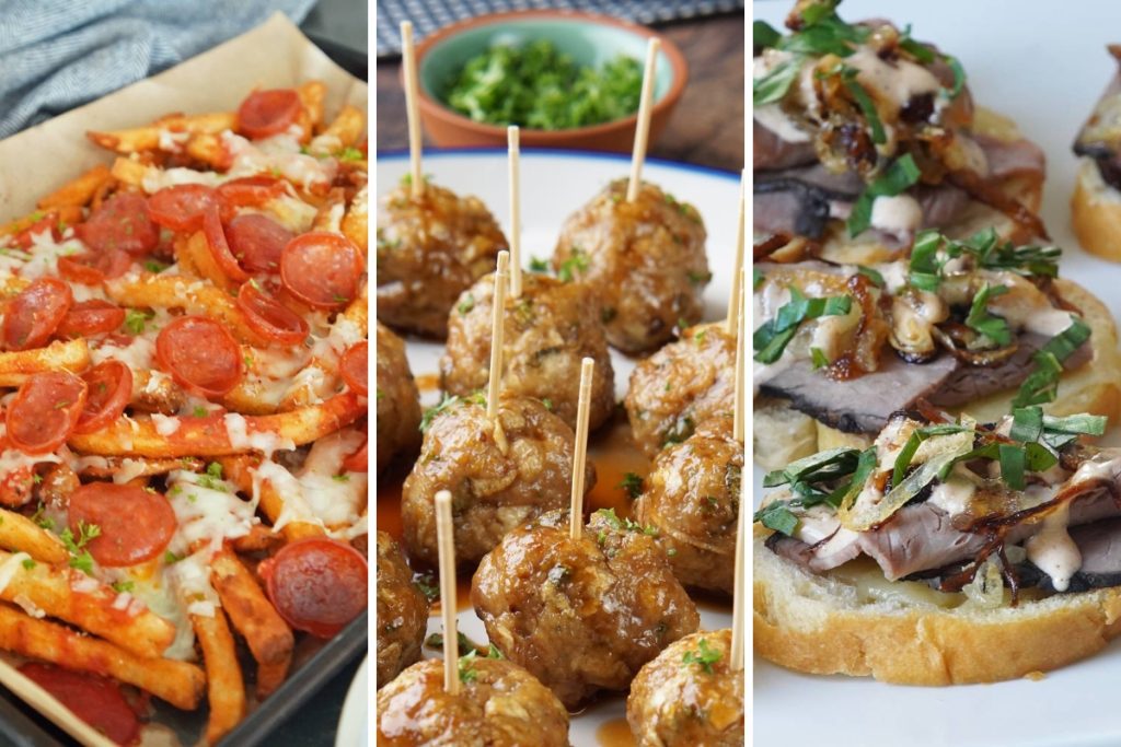 pizza fries, apple cider meatballs, and roast beef crostini