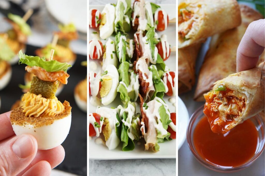 bloody mary deviled eggs, cobb salad skewers, and buffalo chicken eggrolls