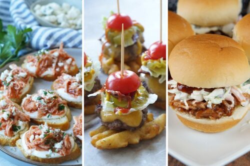 buffalo chicken crostini, mini cheeseburger bites, and pulled pork sliders