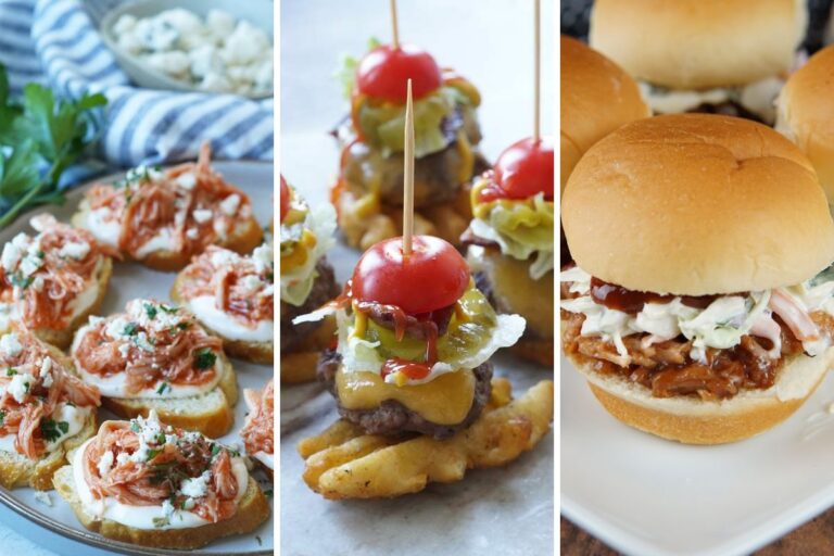 buffalo chicken crostini, mini cheeseburger bites, and pulled pork sliders