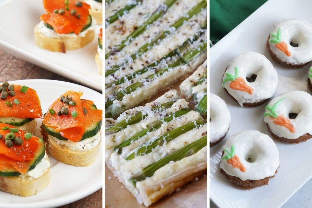 smoked salmon crostini, asparagus tart, and carrot cake donuts