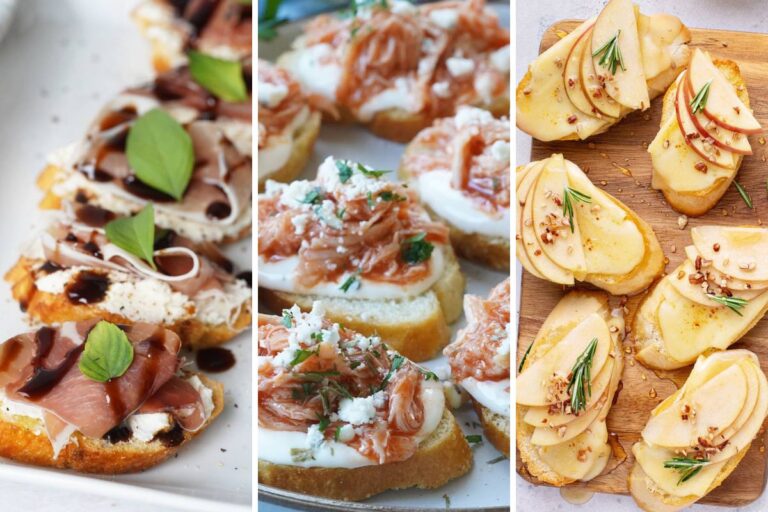 Prosciutto crostini, buffalo chicken crostini, and pear, brie, and honey crostini