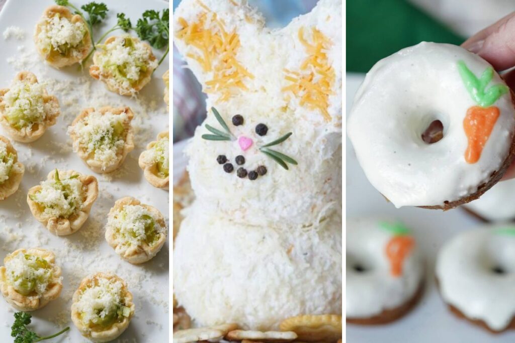 asparagus tartlets, bunny shaped cheese ball, and carrot cake donuts