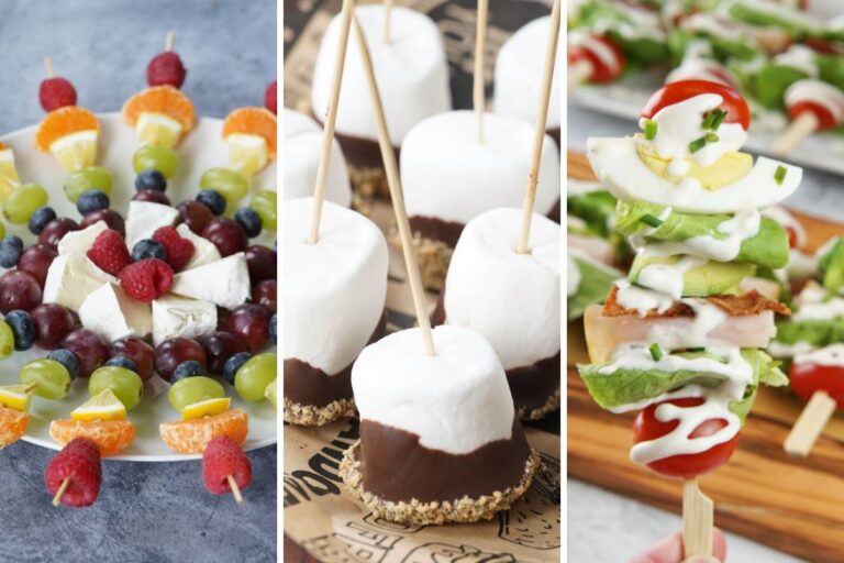 Rainbow fruit tray, smores skewers, and cobb salad skewers