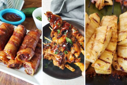 Smoked shotgun shells, sticky bourbon chicken skewers, and grilled bourbon pineapple