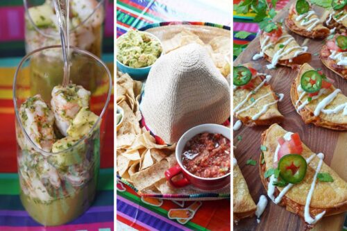 shrimp aguachile, sombrero chips and salsa, and chicken tacos