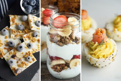 Blueberry yogurt bark, strawberry granola parfait, and smoked salmon deviled eggs