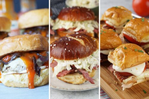 ground turkey sliders, corned beef sliders, and Kentucky hot brown sliders
