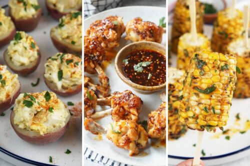 Potato salad bites, firecracker chicken lollipops, and corn lollipops