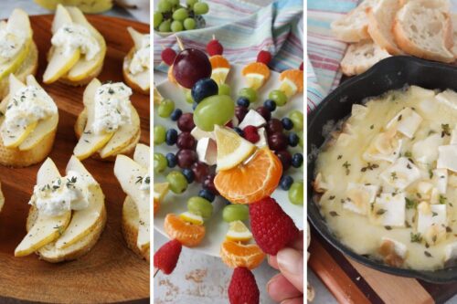 pear and burrata crostini, rainbow fruit skewers, and garlic butter brie