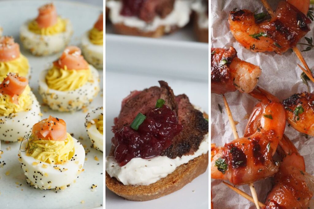 Smoked salmon everything deviled eggs, steak crostini with horseradish, and bacon wrapped shrimp