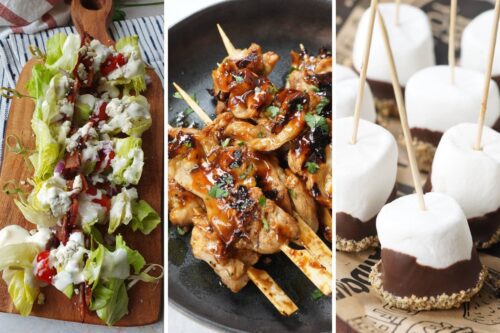 Wedge salad skewers, sticky bourbon chicken skewers, and s'more skewers