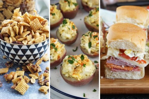 chex mix, potato salad bites, and italian grinder sliders