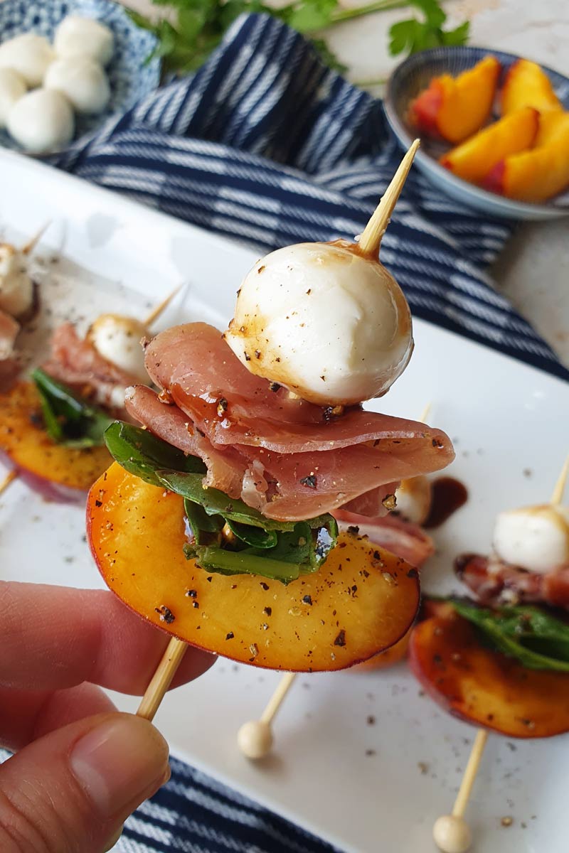 peach mozzarella skewers